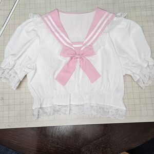 ROMWE White Crop Sailor Top with Pink Collar & Bow
